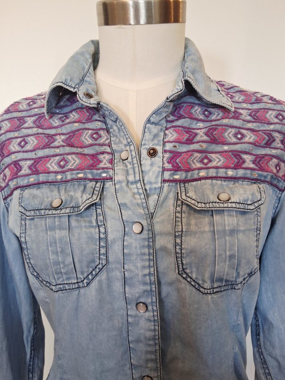 Rock & Roll Cowgirl Light Wash Denim Button-Down with Pink & Purple Aztec Yoke